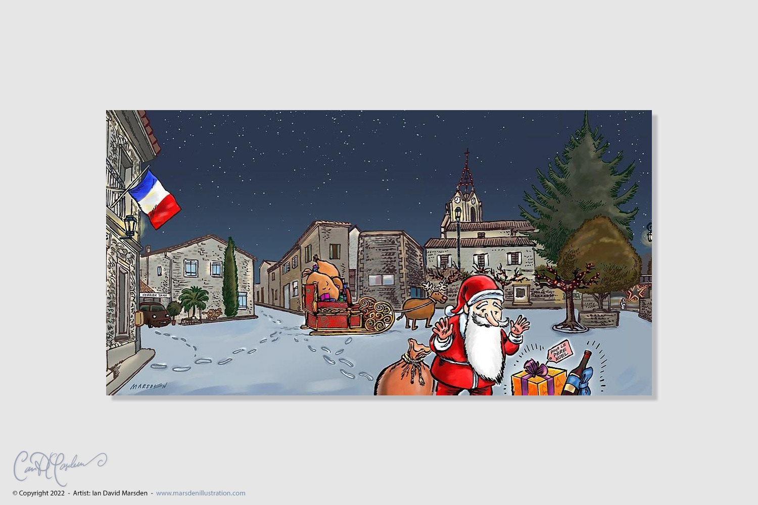 Carte de vœux illustrée pour la Mairie de Vacquières avec un dessin original du Père Noël.