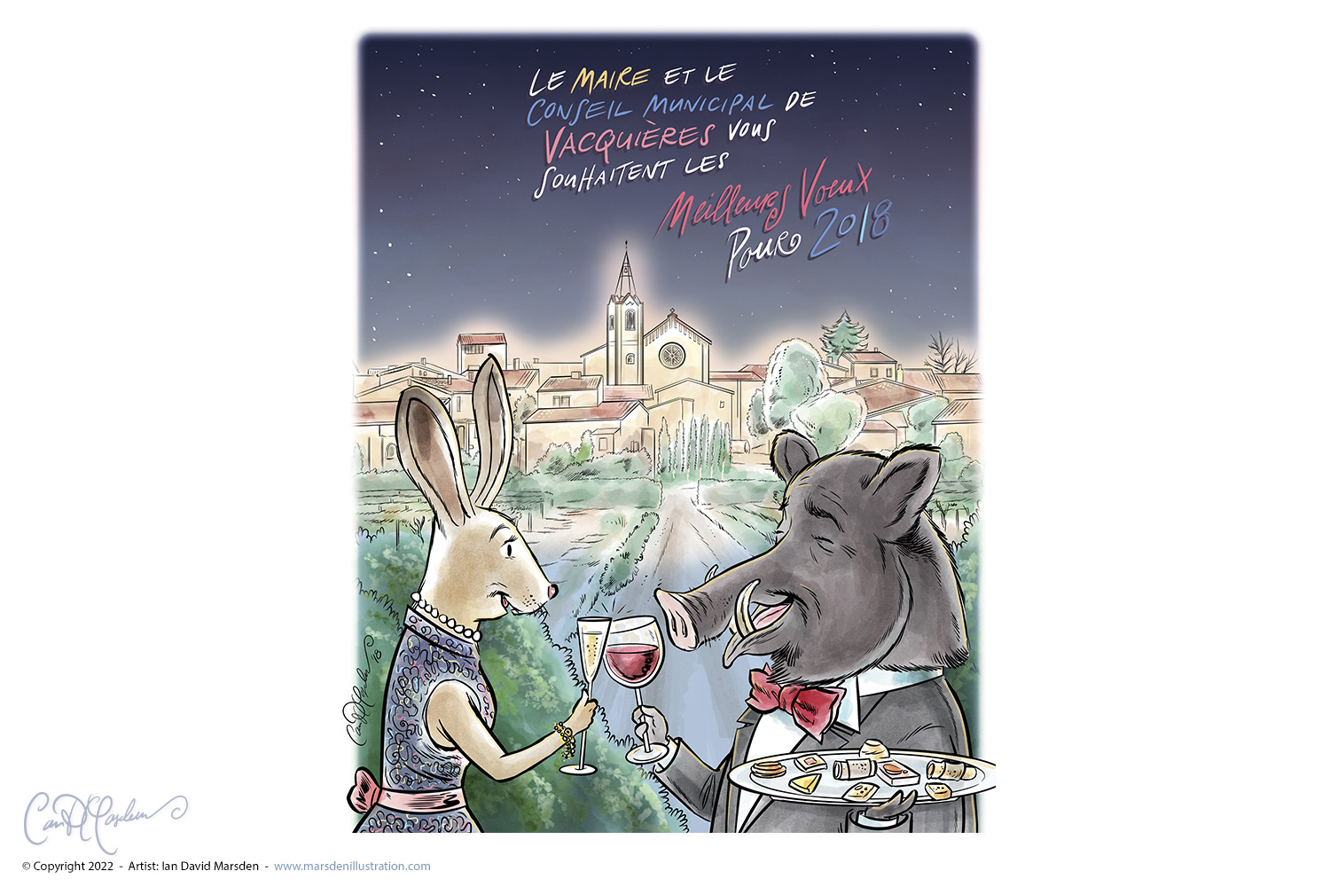 Carte de vœux 2018 de Vacquières avec un lapin et un sanglier portant un toast devant le paysage du village.