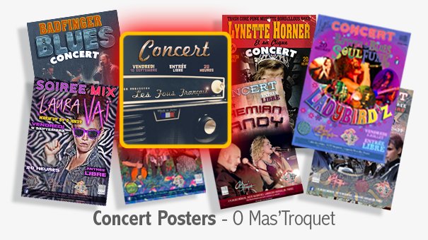 Concert posters for events at O Mas'Troquet with various artists and bands.