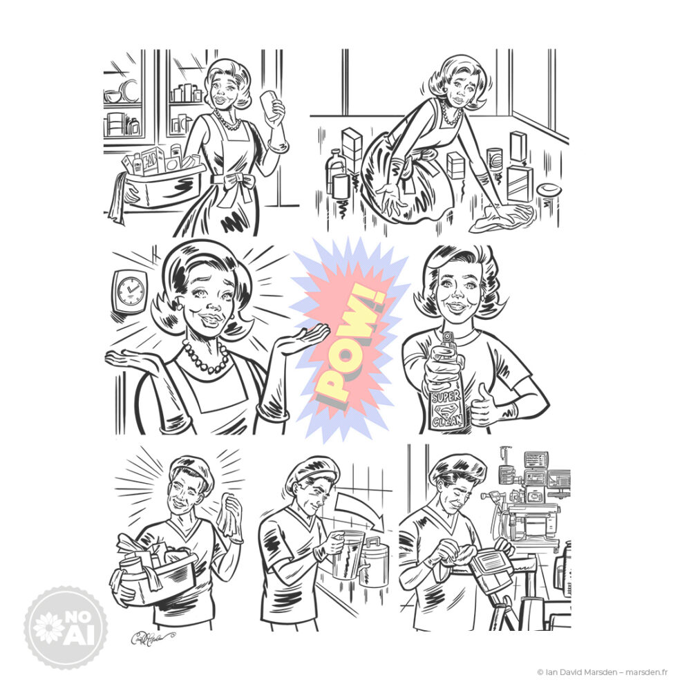 Black-and-white comic line art of vintage housewife and hospital staff showing transformation from domestic cleaning to professional infection prevention – by Ian David Marsden for Dräger Global