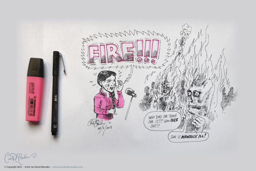 Cartoon of Greta Thunberg yelling fire while people who are already on fire accuse her of being crazy