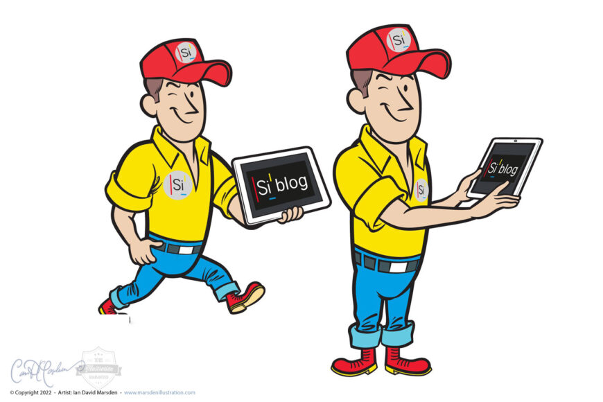 Company logo and mascot design in various poses holding his tablet