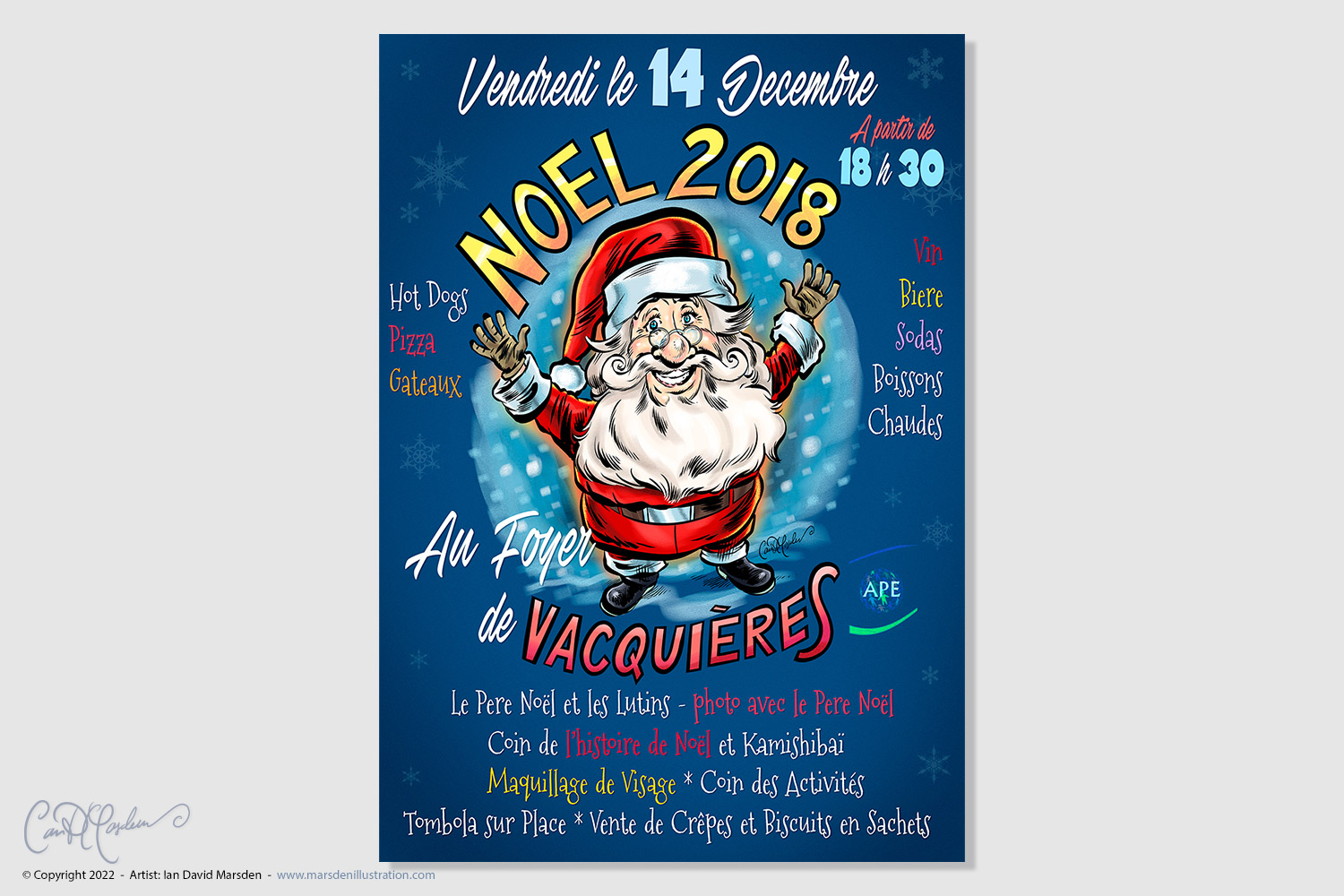 Affiche illustrée pour un événement de Noël au Foyer de Vacquières avec Père Noël, animations et restauration.