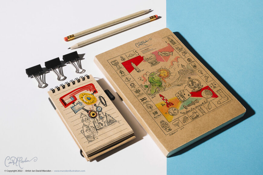 Photo of an illustrated sketchbook and drawing pad, both with whimsical character drawings printed on the covers.
