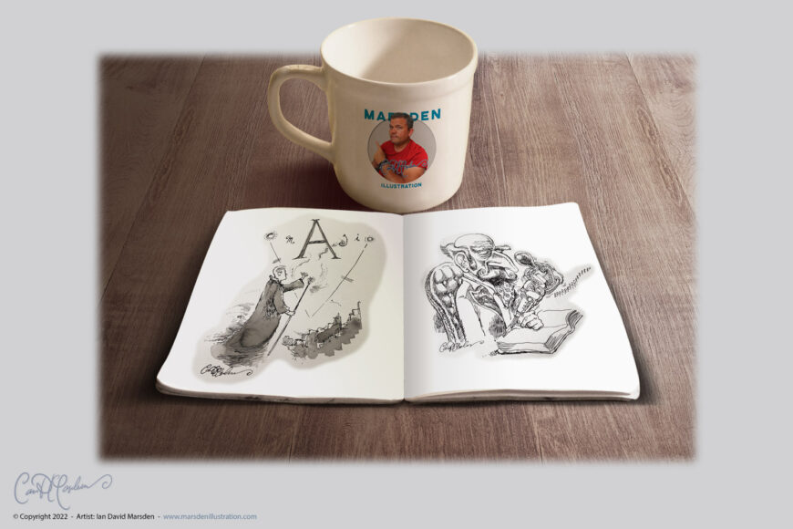 Whimsical photo of a cartoon-filled sketchbook open beside a coffee cup, as if the characters are waiting to be resumed.