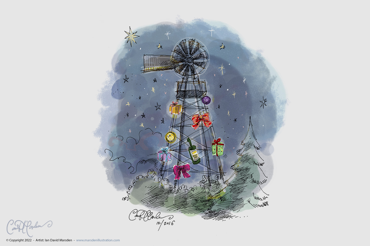 Carte de vœux illustrée de Vacquières avec l’éolienne du village décorée pour les fêtes de fin d’année.