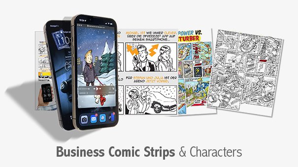 Two smartphones with animated screens and colorful business comic strips displayed.