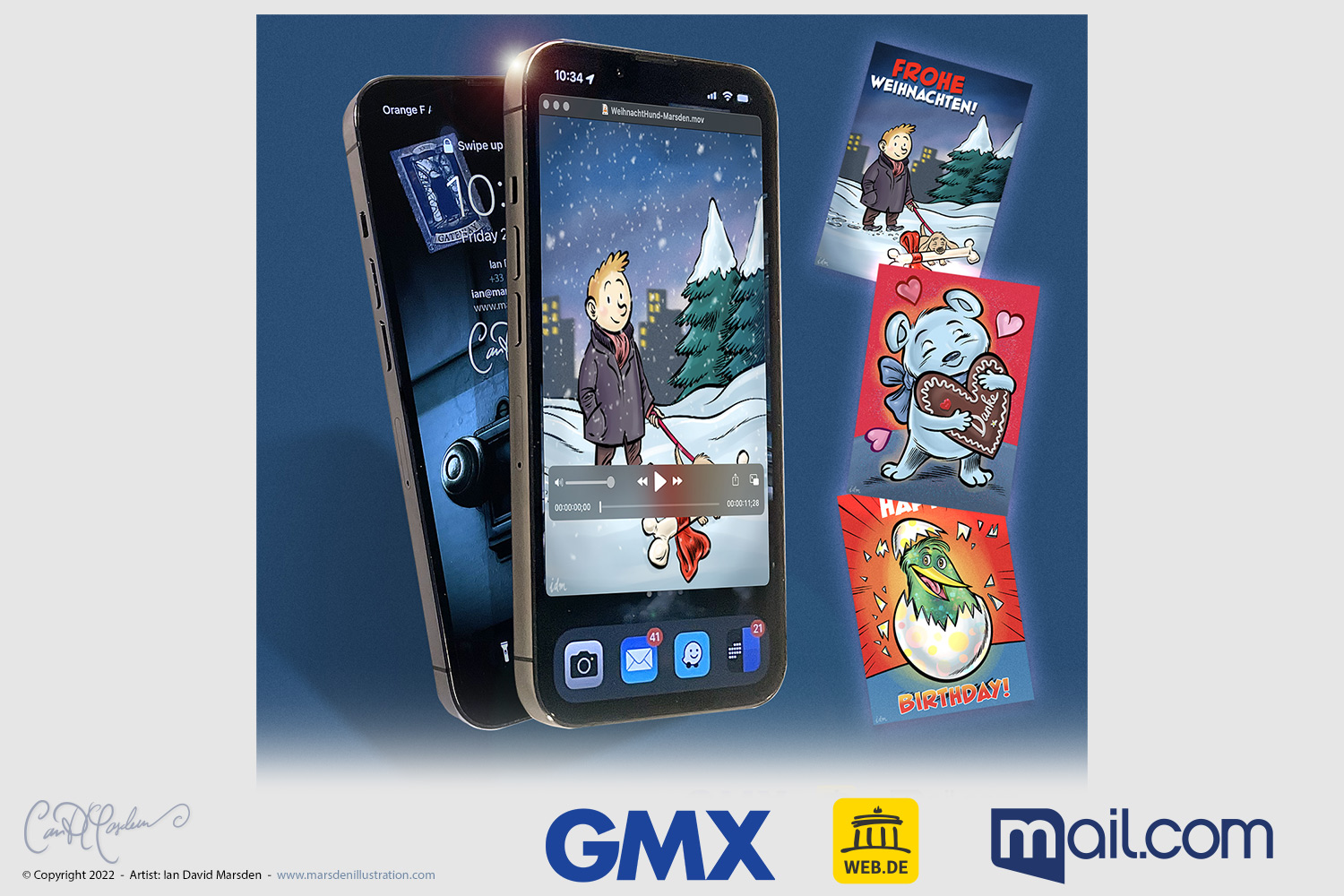 Illustrated digital holiday cards for GMX, WEB.DE and mail.com shown on smartphones and seasonal e-card formats.