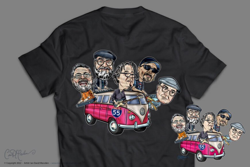 Cartoon Tshirt Caricature, Cartoon of the Band Take the 55, illustration in a classic volkswagen van, illustration