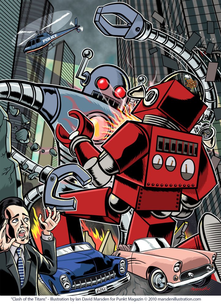 Clash of the titans, robot battle in city center - illustration by Ian David Marsden for Punkt Magazin 2010