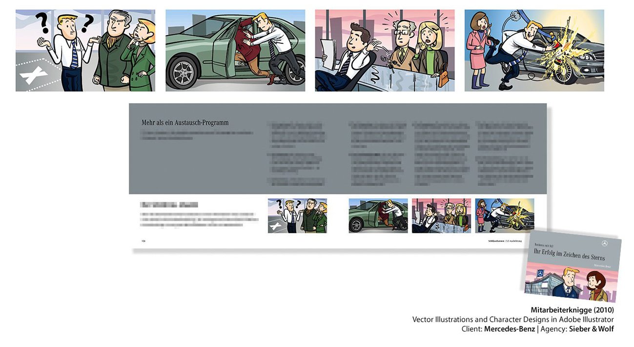 A series of illustrated training scenes from the Mercedes-Benz employee manual, depicting customer service challenges and interpersonal workplace interactions in a humorous, engaging style.