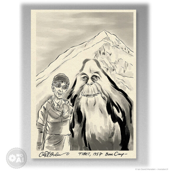 Cartoon drawing of Sir Hillary posing with a friendly Yeti on a snowy mountain peak, as if from a lost Everest photo.