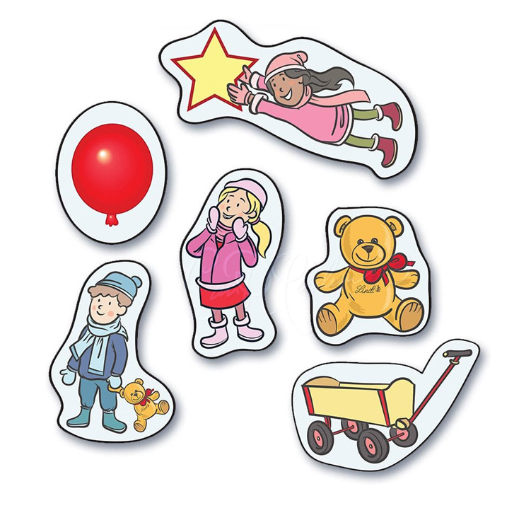 Character illustrations for Lindt holiday chocolate wrappers including teddy bear, balloon, wagon, and children