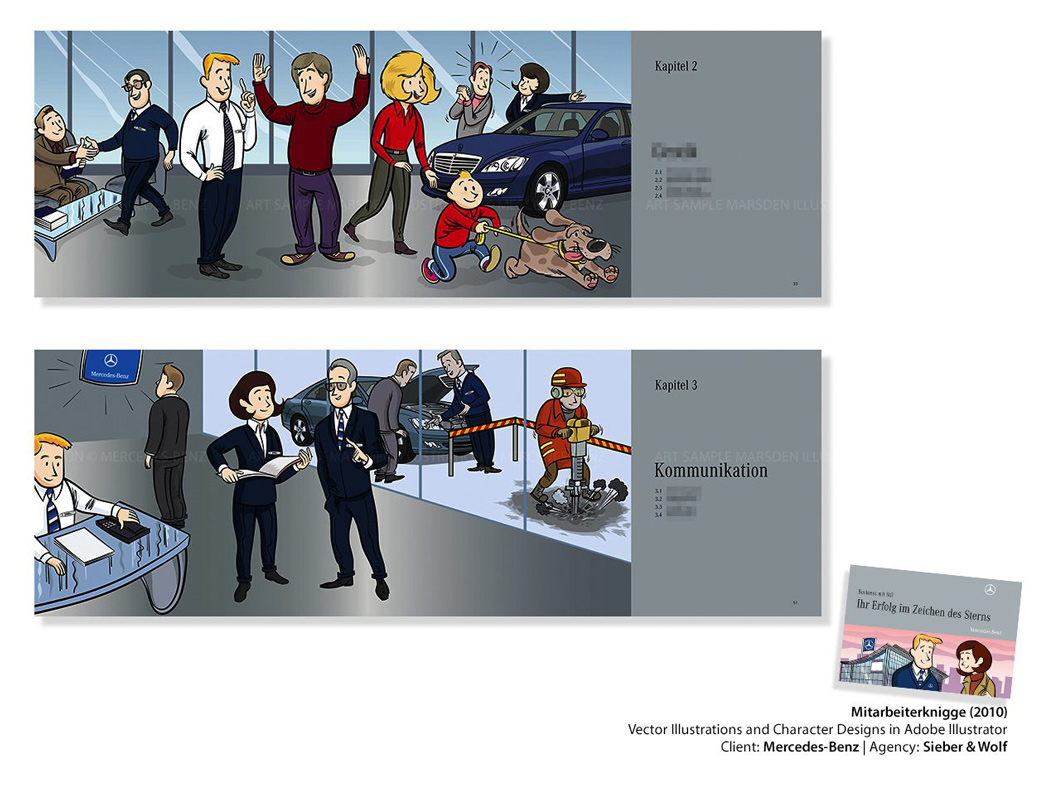 Business and automotive scenes with characters interacting for a Mercedes-Benz guide.