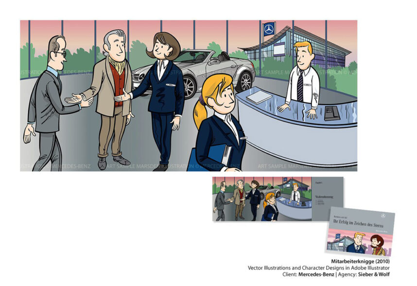 Businesspeople interact in Mercedes-Benz showroom, handshake, receptionist, car display visible.