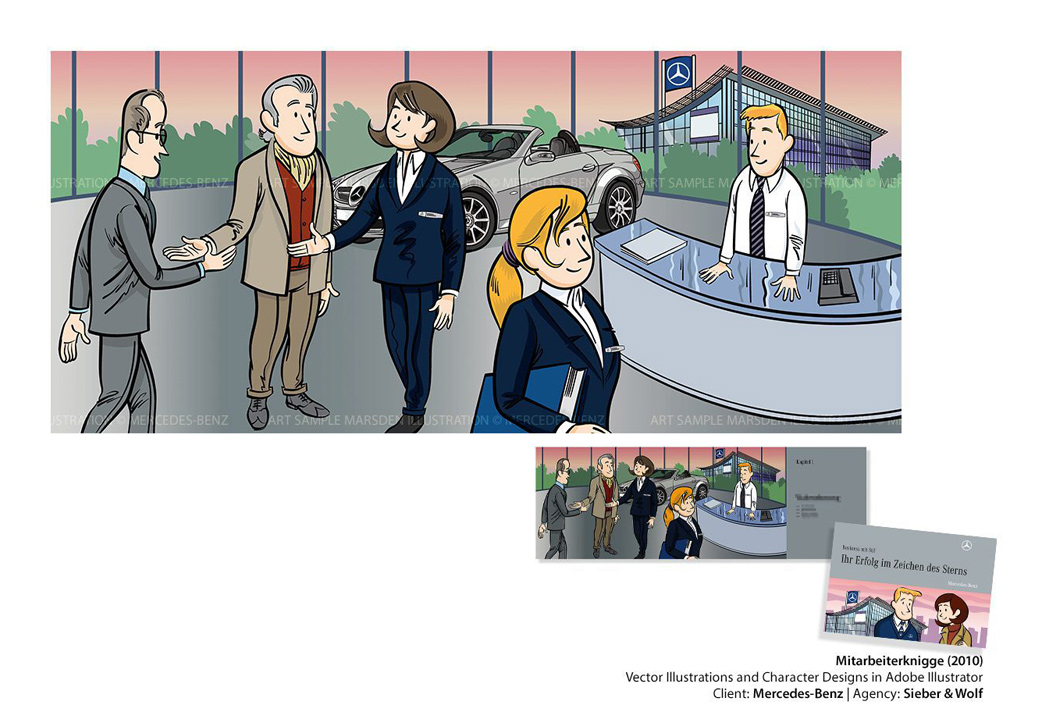 Businesspeople interact in Mercedes-Benz showroom, handshake, receptionist, car display visible.