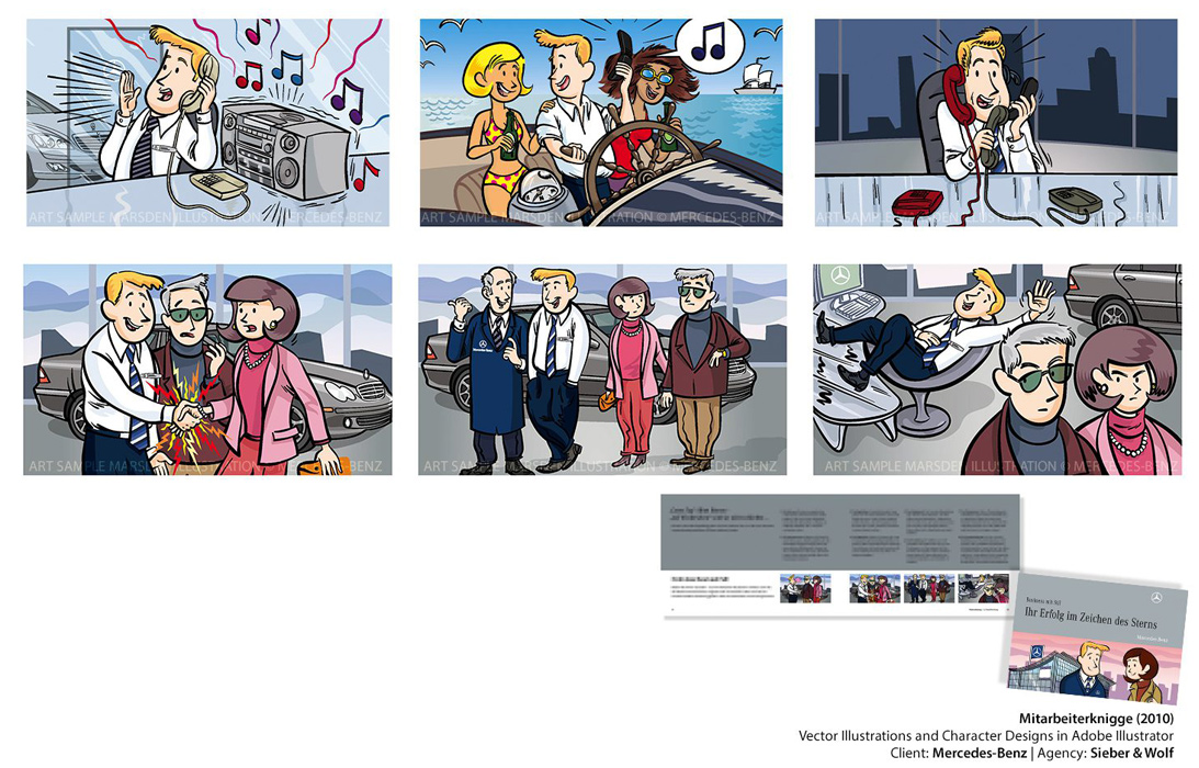 Cartoon scenes depict business and leisure activities, including music, sailing, and car showroom.