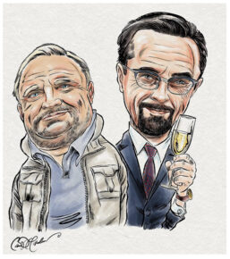 Caricature of two men, one in a jacket, one in a suit with glasses, holding champagne.