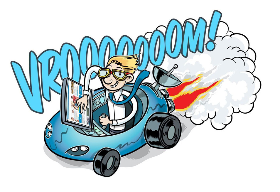 Cartoon showing a dynamic upgrade: a Hermes employee driving a transformed soapbox car with flames, goggles, smoke, and “VROOOOOM!” text.