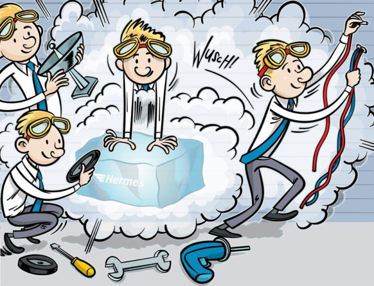 Four stylized cartoon characters assembling a Hermes-branded device, with tools, teamwork, and cloud-themed visual metaphors.