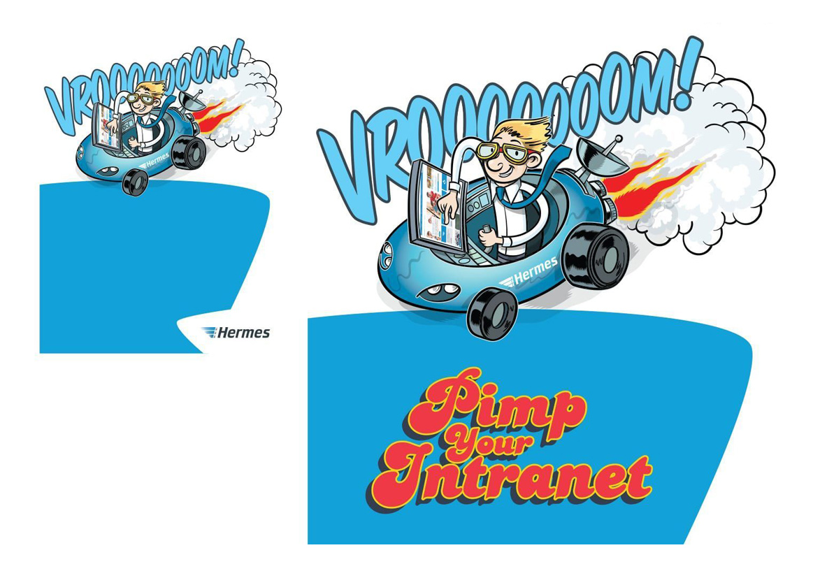 Cartoon character in blue jumpsuit with headset and toolbox, captioned “VROOOOOOM!” – title frame for Hermes intranet campaign.