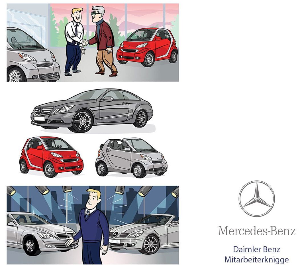 Comic-style Mercedes-Benz cars, handshake, showroom scene, and logo illustration.