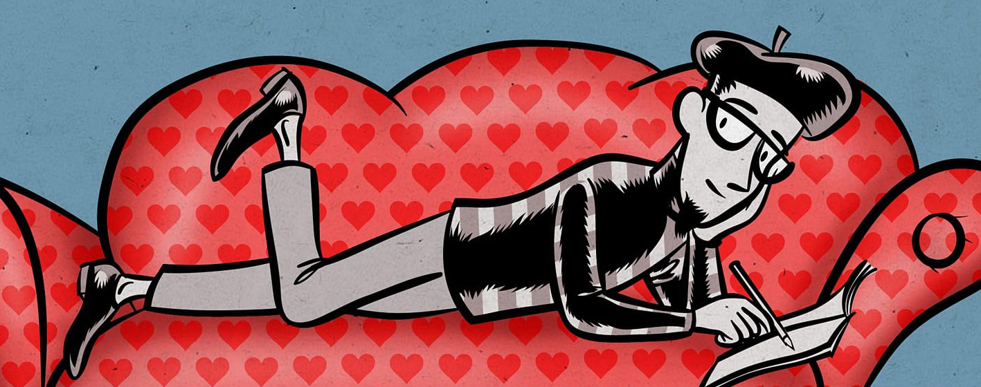 Cartoon beat poet on red couch with heart pattern writing in notebook