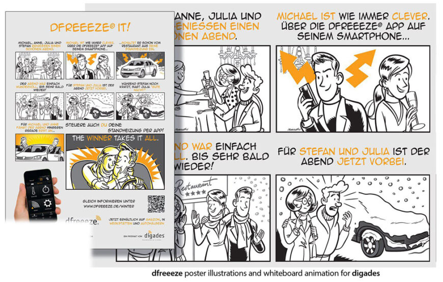 Promotional poster for "dfreeeze" app by Digades with smartphone interface and comic strip.