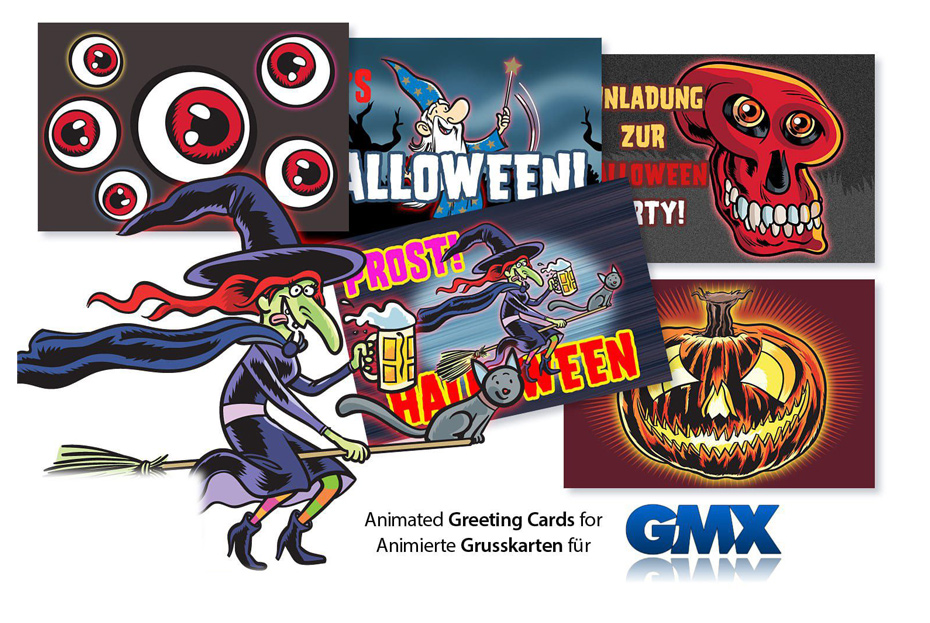 Halloween animated cards with witch, wizard, pumpkin, skull, and eyes for GMX.