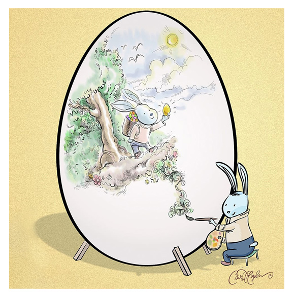 Bunny painting intricate Easter egg featuring himself and golden egg