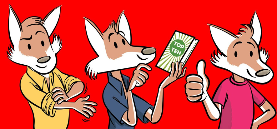 Three cartoon foxes on red background; one checks watch, one holds book, one gives thumbs-up.