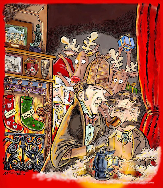 Holmes and Watson by fireplace with Santa hiding in background
