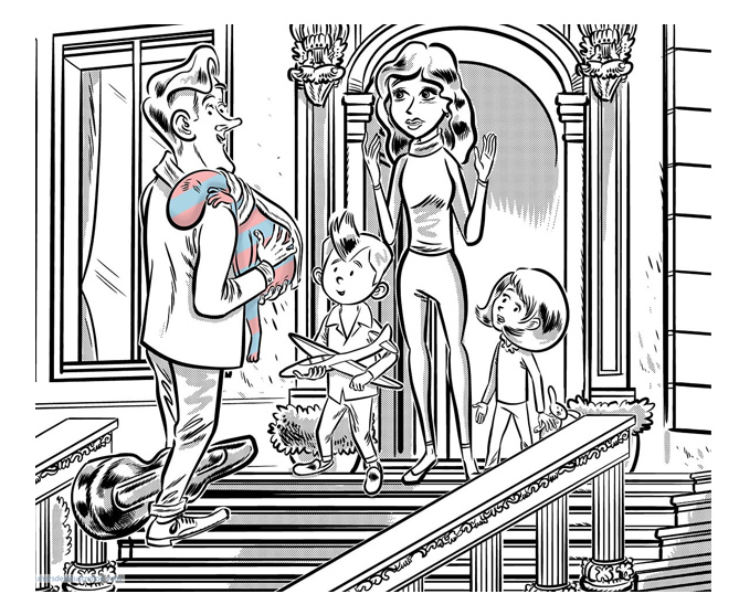 Father carrying creature home to family on doorway stoop