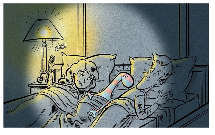 Creature snuggling into bed beside parents