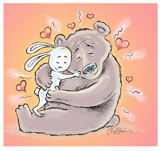Cartoon bear hugging bunny with heartwarming smile
