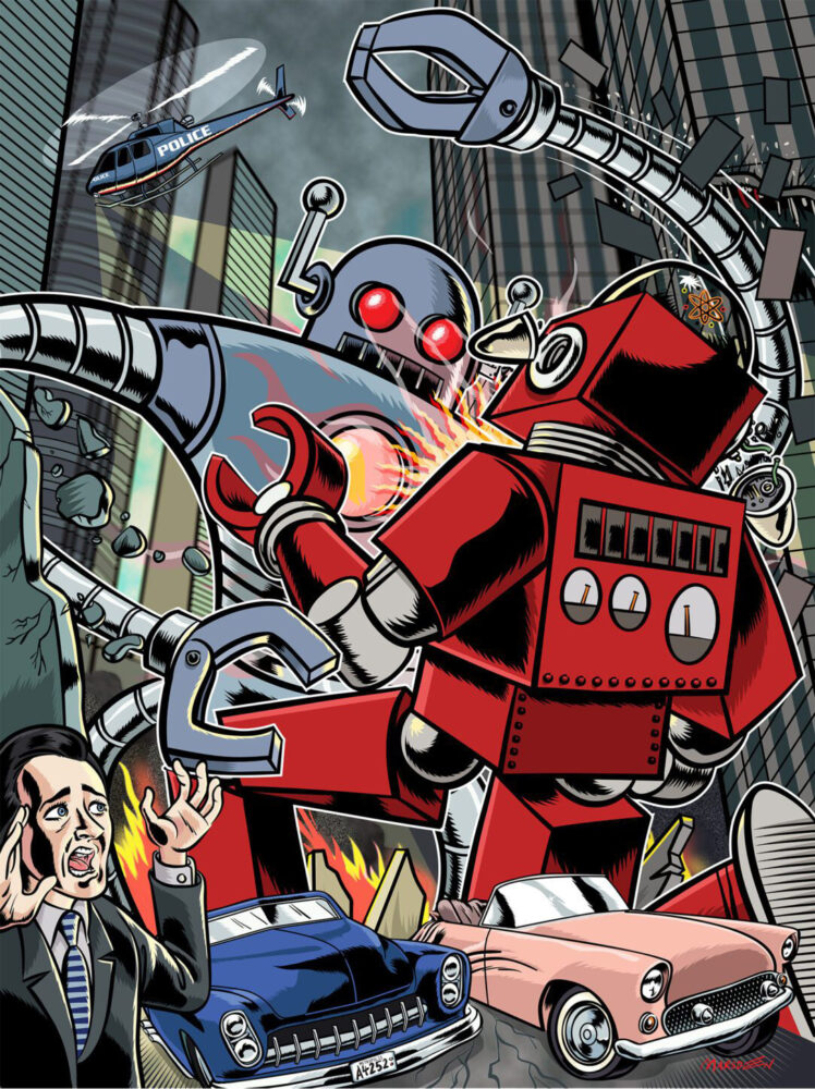 Editorial comic illustration for PUNKT Finanzmagazin titled Clash of the Titans, illustrated by Ian David Marsden.