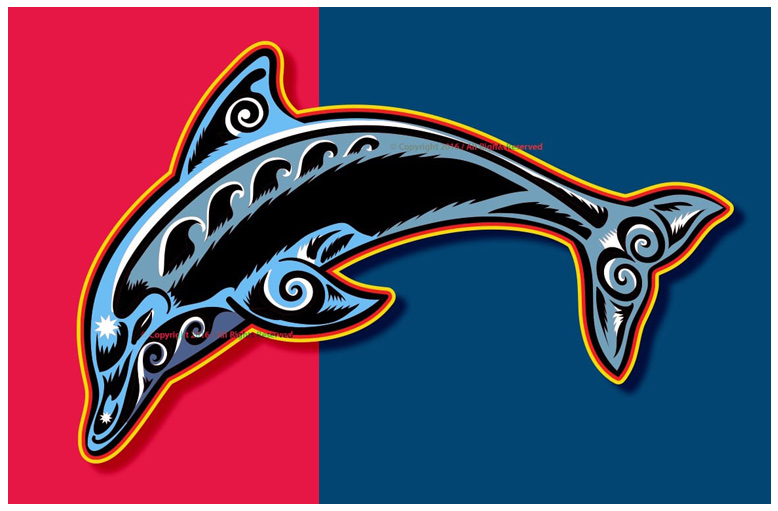 Abstract dolphin with tribal patterns on red and blue background.