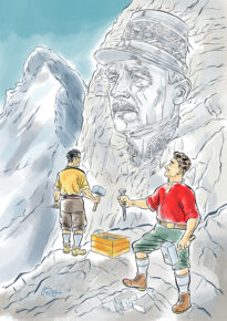 Men carving a large portrait into a mountainside with hammers and chisels.