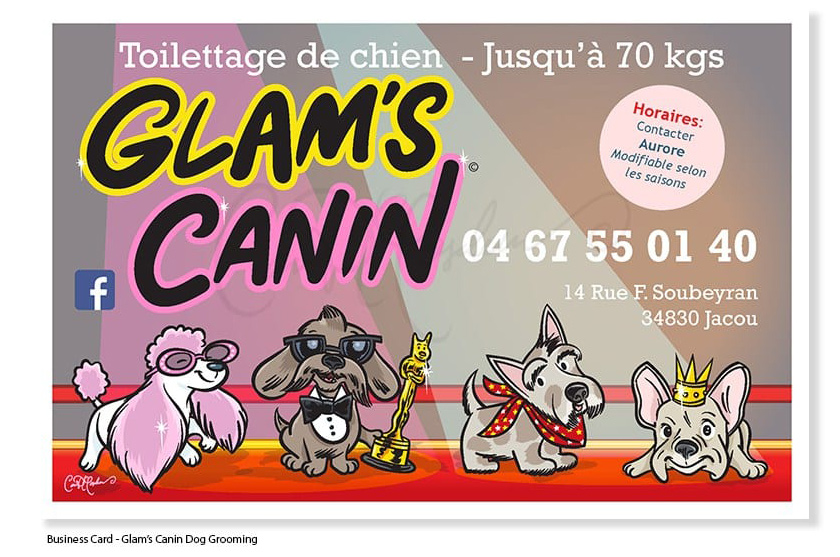 Glam's Canin business card with cartoon dogs, grooming contact info, Jacou, France.