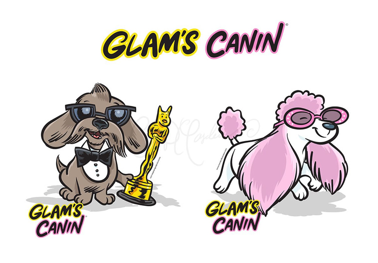 one holds a trophy, the other has pink fur; both branded "Glam's Canin."