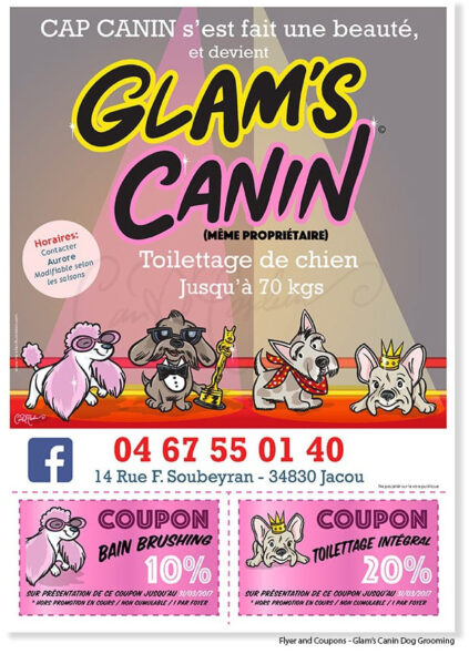 Glam's Canin flyer, dog grooming up to 70 kg, discounts, contact info, Jacou location.