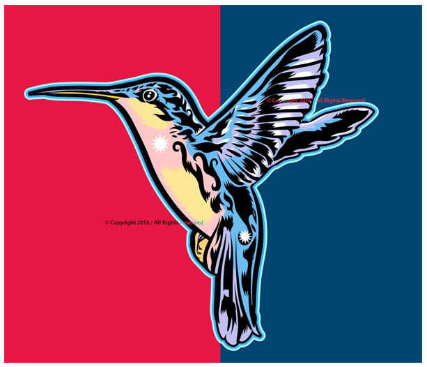 Vibrant colorful hummingbird illustration with detailed patterns on red and blue background.