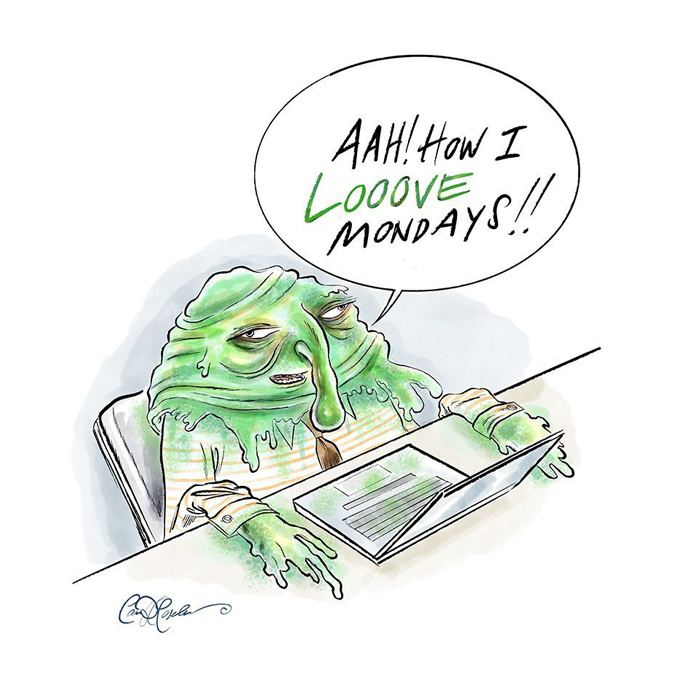 Slime-like cartoon monster saying “I loooove Mondays” at desk