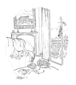 Cat sleeping on sofa, table with cup, glasses, newspaper. Fireplace, heart sculpture outside window.