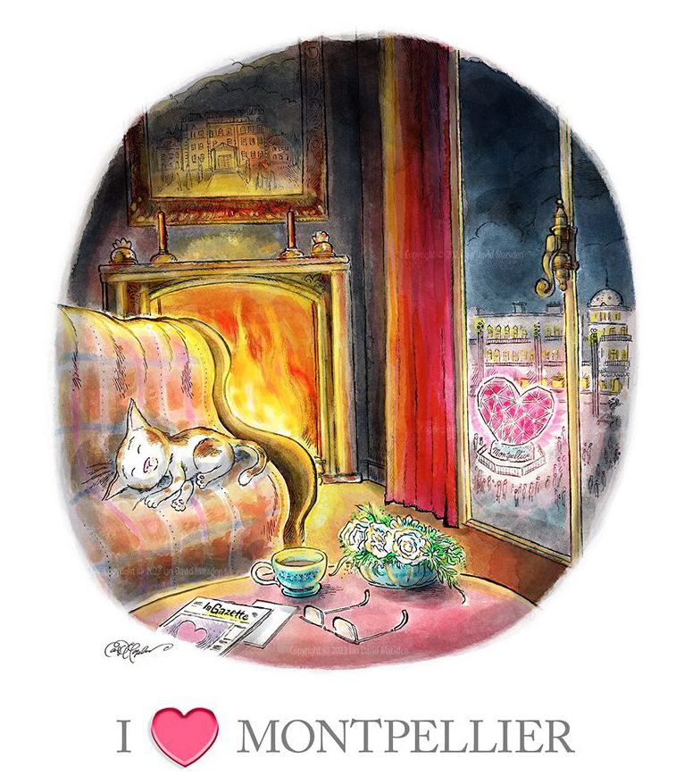 Cozy room with a cat on a chair by a fireplace, teacup, newspaper, city view, "I ♥ Montpellier."