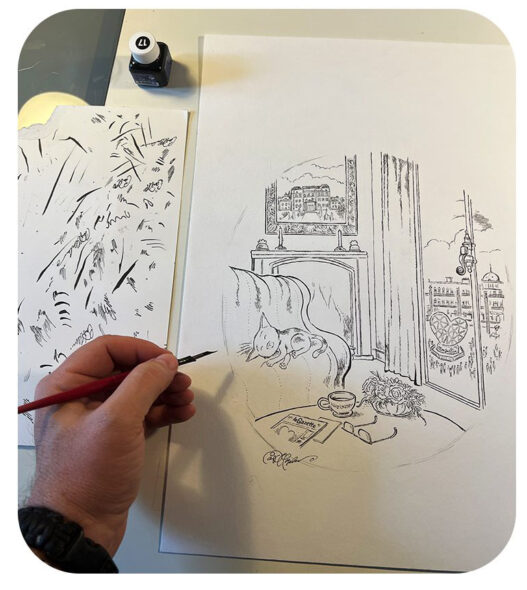 Dip pen interior sketch of a cat lounging by a window with leafy plants and a sunlit square in Montpellier beyond.