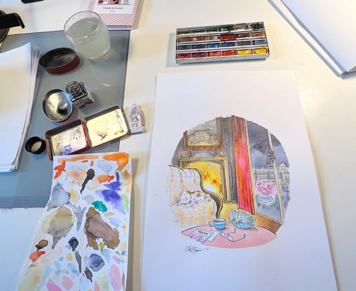 Warm watercolor reinterpretation of an interior scene with lounging cat, cushioned armchair, and cozy domestic glow.