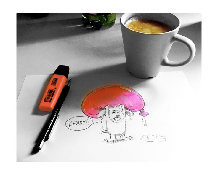 Photo of a mischievous cartoon dog sketch with a pink water balloon replacing its head, next to coffee and orange marker.