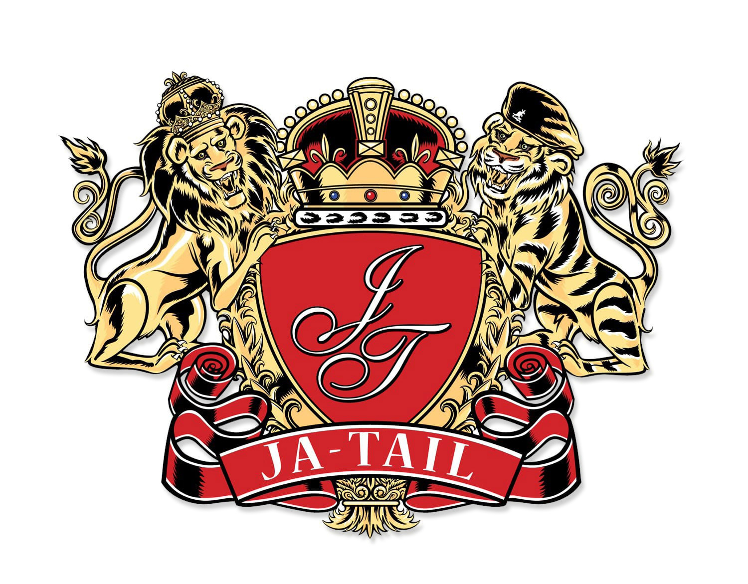 Black and gold Ja-Tail crest logo with lion, crown, and initials JT by Ian David Marsden