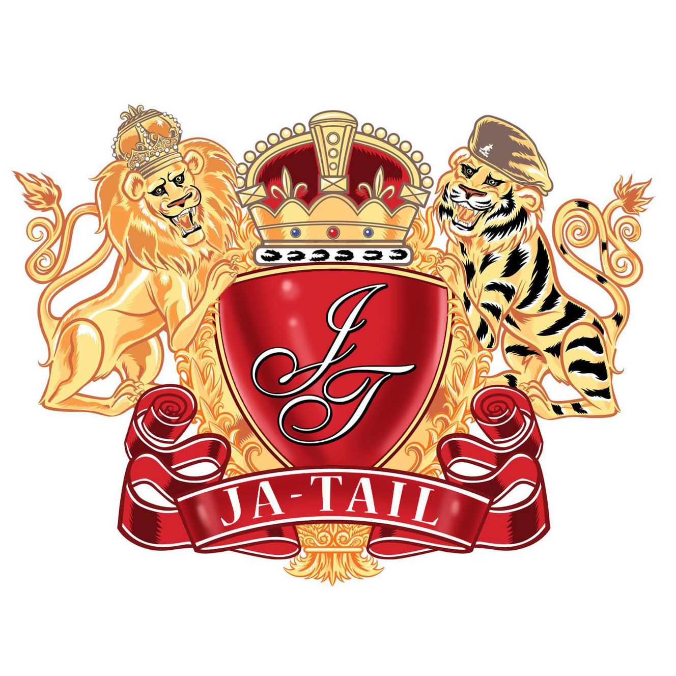 Ja-Tail Enterprises crest emblem with lion, tiger, crown and shield designed by Ian David Marsden